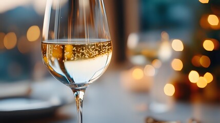 Obraz premium Sparkling white wine in elegant glass with golden bokeh lights in background creating romantic festive atmosphere for celebration or special occasion.