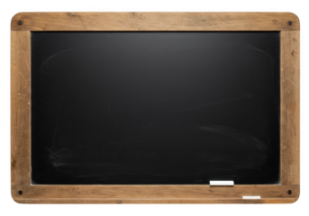A vintage wooden framed chalkboard with a blank black surface, isolated on a transparent background, ready for writing
