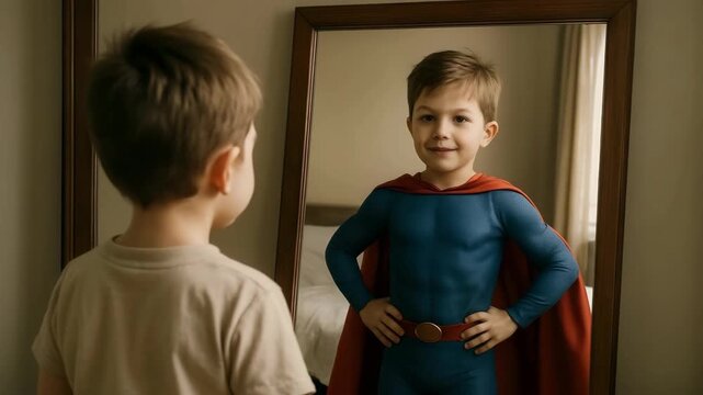 Young boy wearing superhero costume looking at himself in mirror