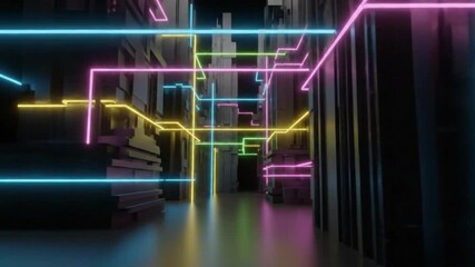 Futuristic Neon Cityscape with Glowing Lines Traversing Abstract Urban Structures Vibrant Cyber Grid Network Flowing Through a Dark Modern Digital World - Powered by Adobe