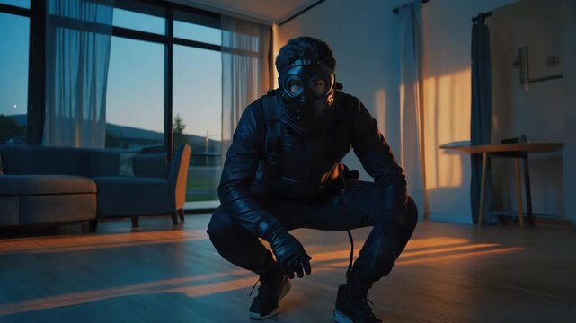 Man wearing gas mask crouching in modern apartment