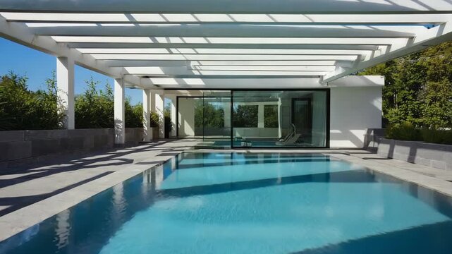 Modern pool with pergola and transparent indoor pool house