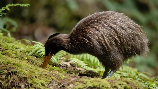 Okarito brown kiwi foraging in new zealand forest