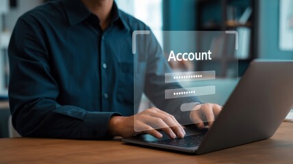 Account Login - A man typing on a laptop, with a glowing login form for "Account" and a password field, for online security