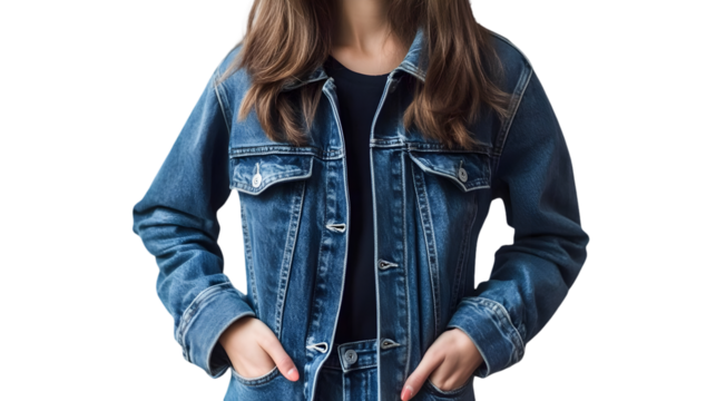 Woman posing with hands in pockets wearing a denim jacket against a black background in a studio shot