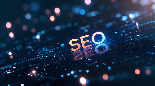 Glowing SEO text on dark background with blue and pink bokeh lights creating digital marketing atmosphere. Modern technology concept for web optimization.