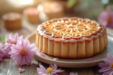 Traditional mooncake with intricate pattern on rustic wooden table decorated with pink cosmos flowers, soft natural lighting creates cozy autumn mood.