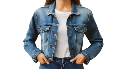 Woman wearing a denim jacket and white shirt with her hands in her pockets in front of a dark background