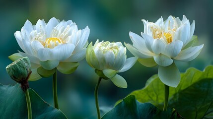 Fototapeta premium White Lotus Flowers in Bloom with Green Leaves