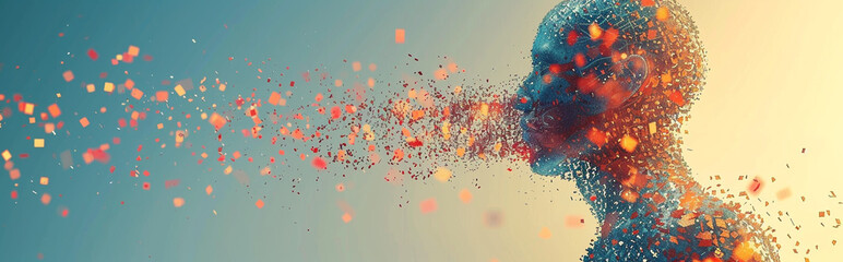 Abstract Human Form Dissolving into Pixels Symbolizing Stress and Chaos