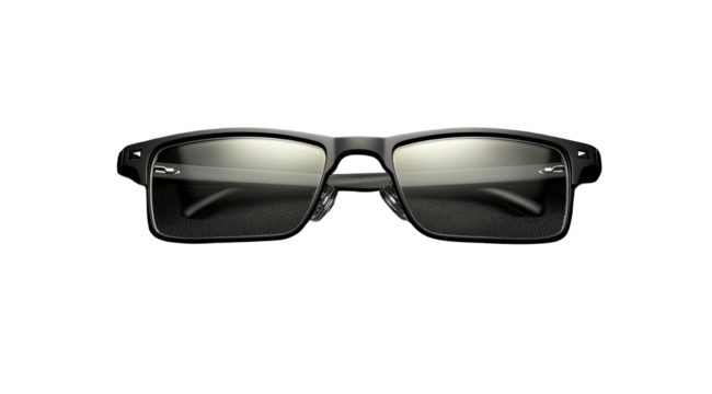 Dark, rectangular eyeglasses against a black background