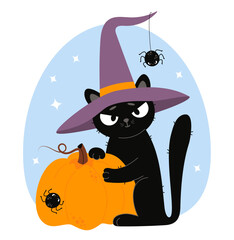 Cute Black Cat Halloween In Witch Hat With spider and Orange Pumpkin. Autumn holiday Funny Pet character. Vector illustration. Not AI