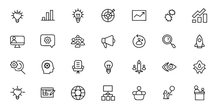 Marketing Strategy Outline Icon Set &mdash; Planning, Branding, and Campaign Management Vector Illustrations for Corporate and Creative Use

