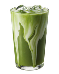 A high-quality product photograph of an iced matcha latte in a clear glass tumbler against a pure white background.