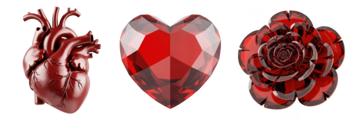 Three red objects including a heart gem and rose isolated on transparent background