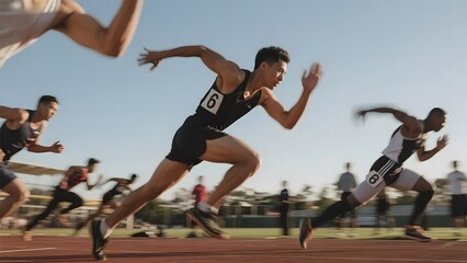 Athletes sprinting in a track race under clear skies