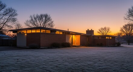 Mid-century modern house exterior angled view in winter with brick finish under dawn - Stunning Outdoor View