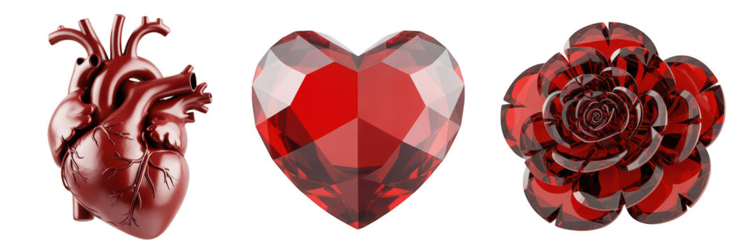 Three red objects including a heart gem and rose isolated on transparent background