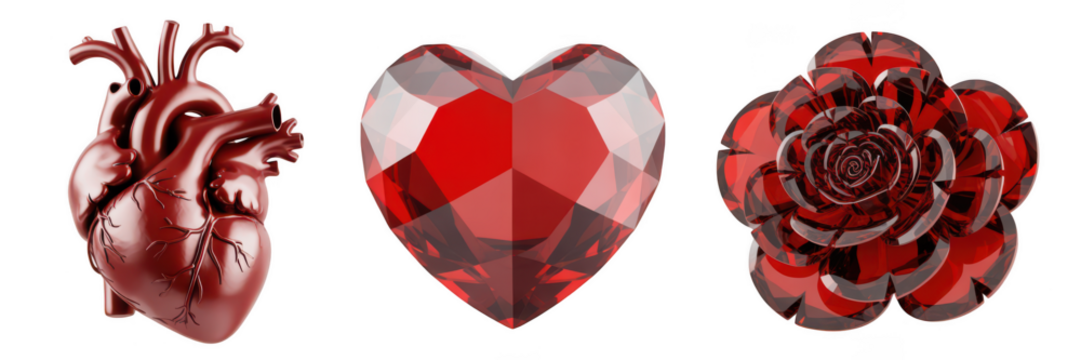 Three red objects including a heart gem and rose isolated on transparent background