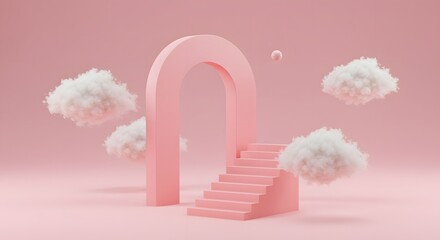 Pink archway with stairs fluffy white clouds and a floating ball set against a matching pink background