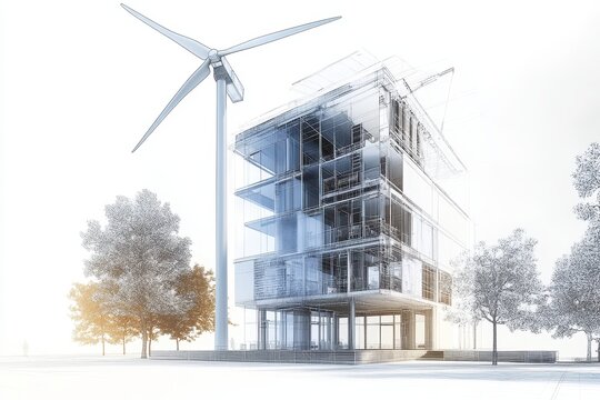 Vertical wind turbine facade &ndash; Blueprint-style 3D visual of residential building with integrated vertical-axis wind turbine on white background.