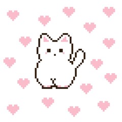 Fototapeta premium An adorable white pixel art cat with a waving paw, surrounded by pink pixel hearts. This cute 8-bit digital illustration is perfect for pet-themed designs, love messages, stickers, icons, background.