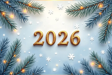 Carte de vœux 2026 Fond hivernal bleu pastel avec chiffres dorés 2026 entourés de branches de sapin enneigées flocons et guirlande lumineuse festive  
