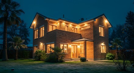 Tropical house exterior angled view in winter with brick finish under night lighting - High Resolution Exterior Photo