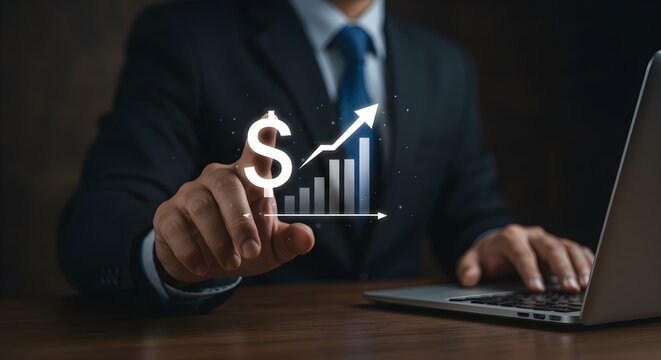 A businessman in a suit pointing to a digital dollar sign with an upward-trending bar graph, symbolizing financial growth.