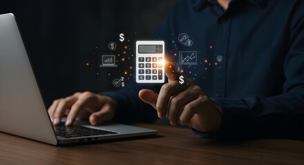 Person using a laptop, interacting with a digital calculator graphic overlay, suggesting financial planning or analysis.