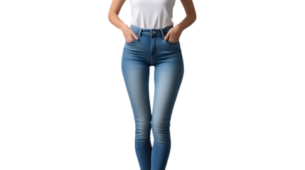 Woman posing in a white top and blue jeans with her hands in her pockets on a black background studio shot