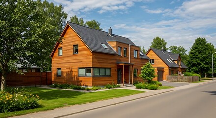 Contemporary house exterior street view in summer with wood finish under daylight - Stunning Outdoor View