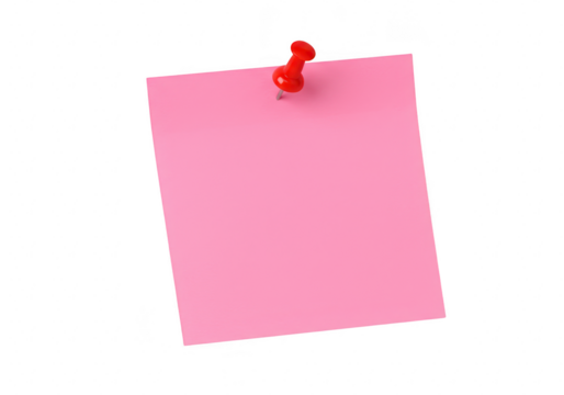 A single pink sticky note with a red pushpin, isolated on transparent background