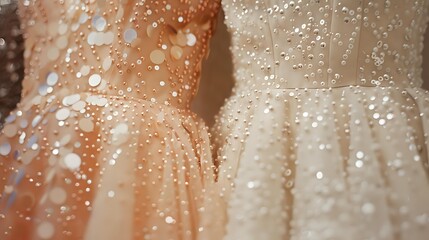 Fototapeta premium Elegant wedding dresses with delicate pearl embellishments and sparkly details in beige and ivory tones, close-up view showing luxurious fabric texture and intricate beadwork.
