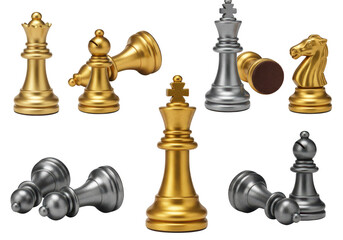 Gold and silver chess pieces, including king, queen, knight, bishop, and pawns, isolated on transparent background