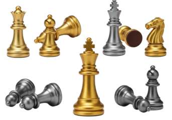 Gold and silver chess pieces, including king, queen, knight, bishop, and pawns, isolated on transparent background