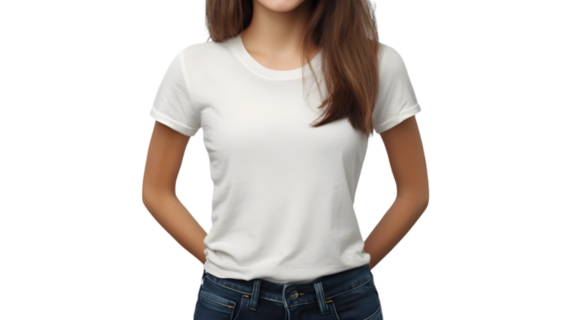 A woman wearing a white t shirt and blue jeans with her hands behind her back against black background