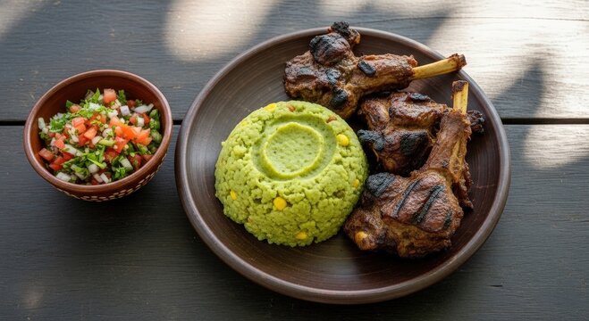 Kenyan irio mashed peas and potatoes with grilled goat meat nyama choma and kachumbari