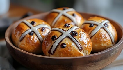 Fresh hot cross buns with raisins in wooden bowl, traditional Easter bread with glossy surface and cross pattern, close up view of homemade pastry.