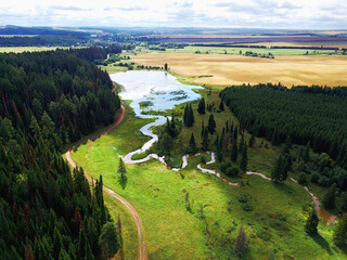 Aerial view landscape with forest, river and wheat field on sunny summer day