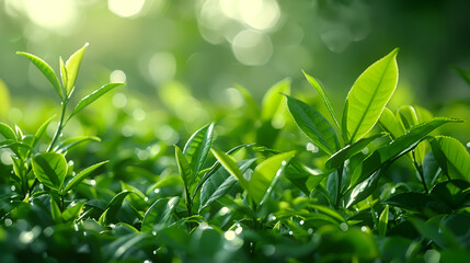 Obraz premium Macro Shot of Fresh Green Tea Leaves in Dewy Garden - Nature Background for Print, Card, Poster
