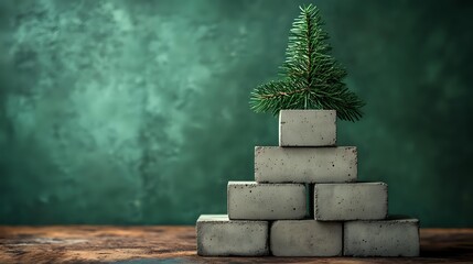 Small pine branch on top of concrete blocks arranged in pyramid shape against dark green textured background, minimalist holiday concept on wooden surface.