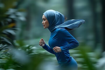 Young woman in blue hijab and athletic wear running through nature setting with flowing fabric movement and soft bokeh background in morning light.