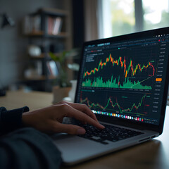 A hand casually using a laptop, with a spreadsheet on the screen showing glowing cells and dynamic financial graphs being calculated in real time