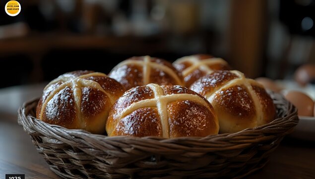 Fresh homemade hot cross buns with glossy brown crust arranged in rustic wicker basket, traditional Easter bread rolls with crosses on dark background. - Powered by Adobe