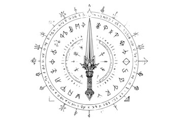 Detailed illustration of a sword surrounded by runic symbols in a circular magical pattern design