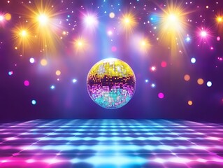 Glowing disco ball floating over checkered dance floor with colorful spotlights, sparkles and lens flares creating retro party atmosphere against purple background.