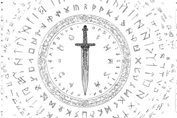 Illustration of a sword inside a circle of celtic knotwork surrounded by runes and symbols design
