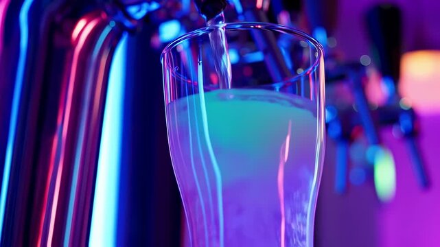 Pouring Beer in Neon Lit Bar at Night