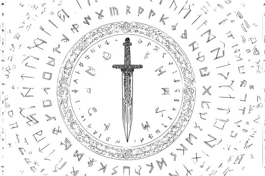 Illustration of a sword inside a circle of celtic knotwork surrounded by runes and symbols design